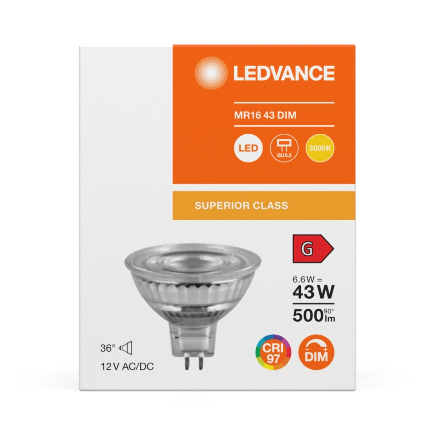 Bombilla LED reflectora regulable MR16, casquillo GU5,3, 6,6W/12V, 3000K, 36° CRI 97 - Ledvance
