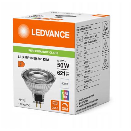 Bombilla LED regulable reflectora MR16 GU5,3/6,8W/12V 4000K 36° CRI 90 - Ledvance