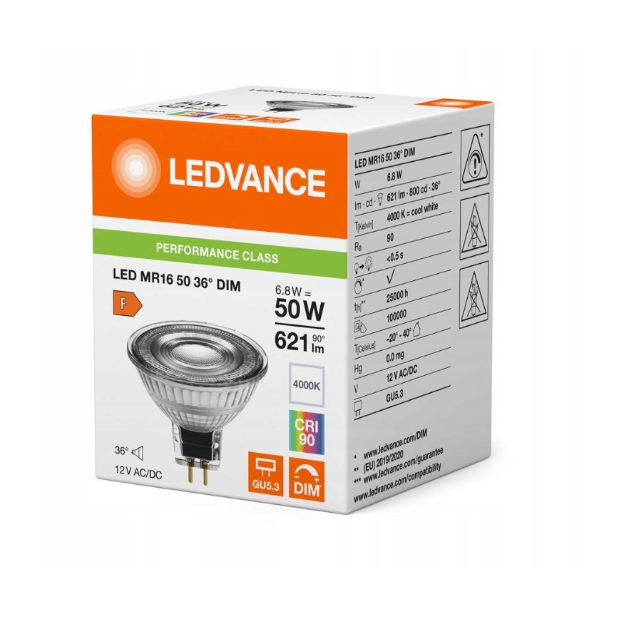 Bombilla LED regulable reflectora MR16 GU5,3/6,8W/12V 4000K 36° CRI 90 - Ledvance