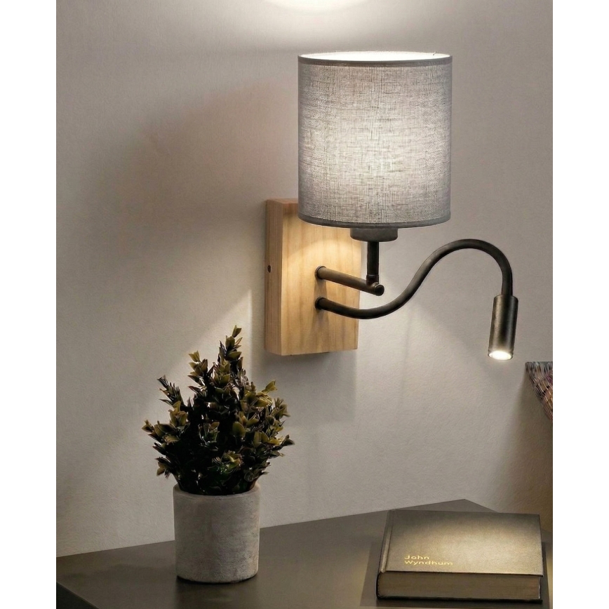 Brilagi - Lámpara de pared LED flexible NUBILA WOOD 1xE27/25W/230V + LED integrado 3W roble/negro/gris claro