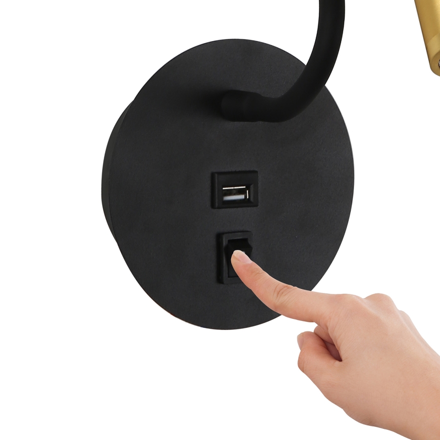 BRILAGI - Aplique flexible LED con puerto USB MAYA LED/3W/230V negro/dorado