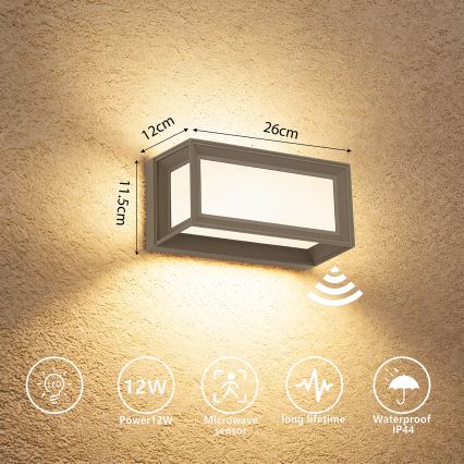 Brilagi - Aplique LED de exterior con sensor PARKER LED/12W/230V gris IP44