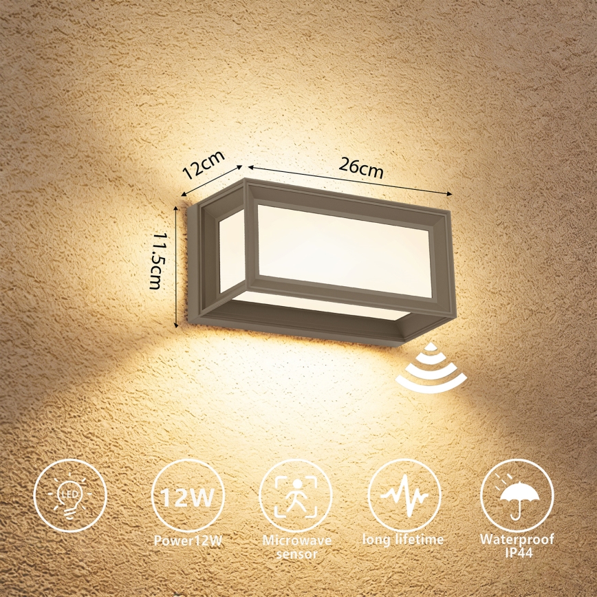 Brilagi - Aplique LED de exterior con sensor PARKER LED/12W/230V gris IP44