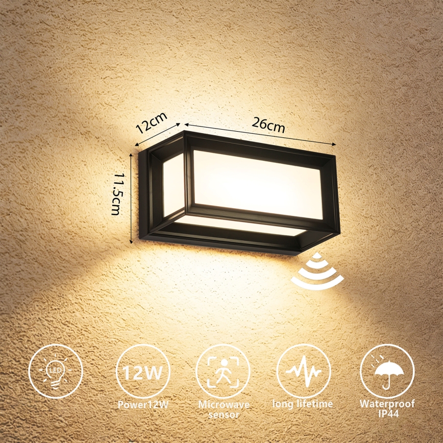 Brilagi - Aplique LED de exterior con sensor PARKER LED/12W/230V negro IP44