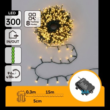 BRILAGI - Cadena de luces navideña LED para exterior 300xLED/3xAA/8 funciones 15,3m IP44 blanco cálido