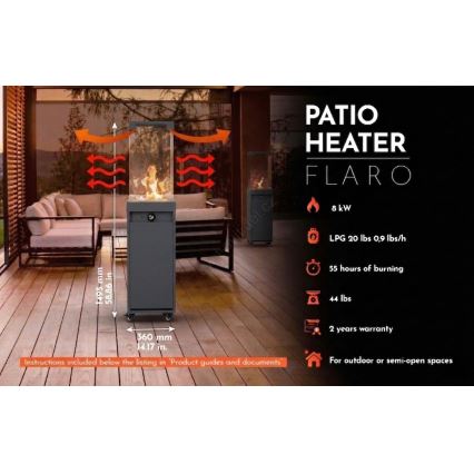 Brilagi - Chimenea de gas para exteriores FLARO GAS 142x36 cm 8kW 1xAAA antracita + funda protectora