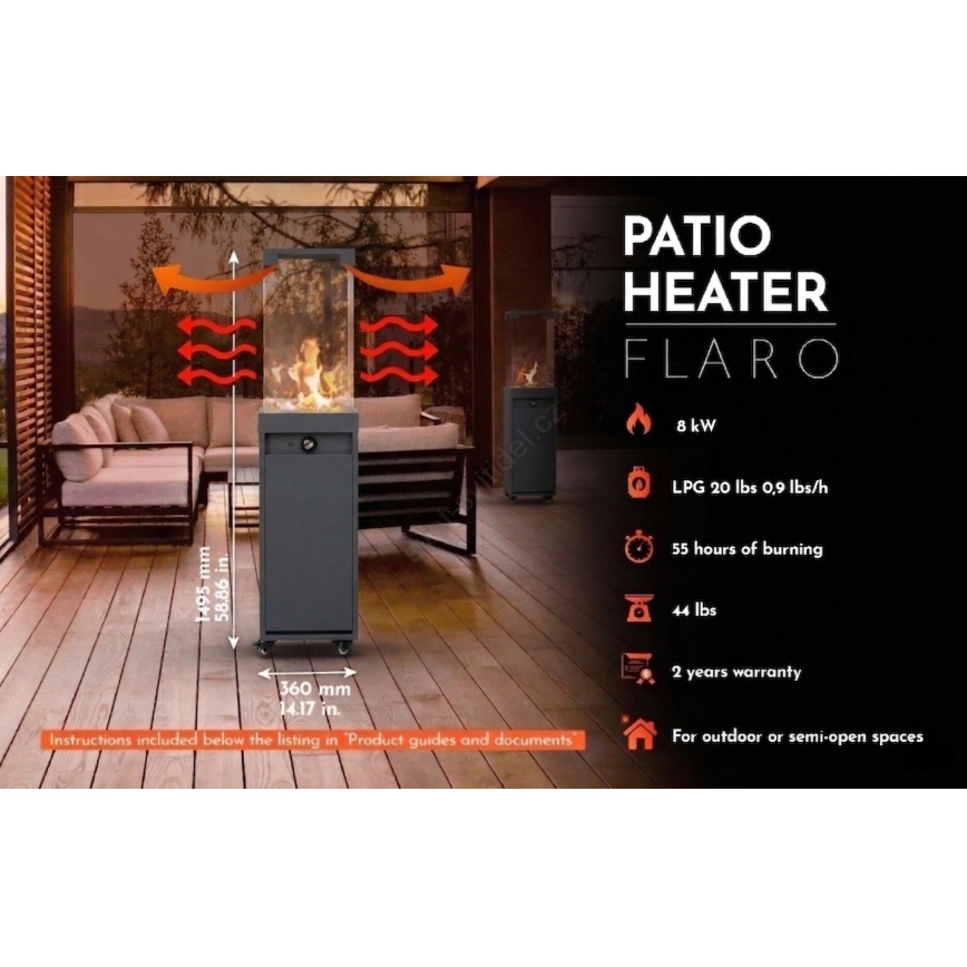 Brilagi - Chimenea de gas para exteriores FLARO GAS 142x36 cm 8kW 1xAAA antracita + funda protectora