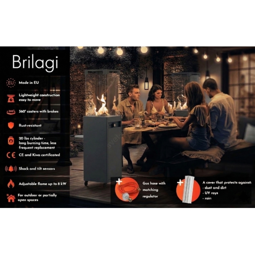 Brilagi - Chimenea de gas para exteriores FLARO GAS 142x36 cm 8kW 1xAAA antracita + funda protectora