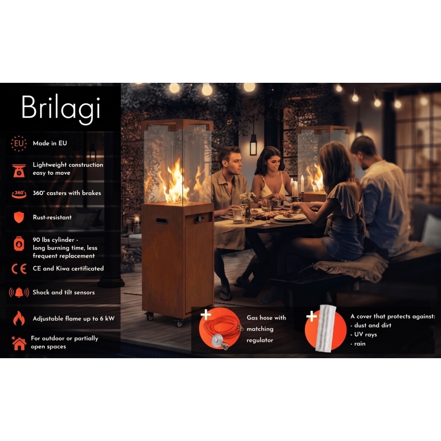 BRILAGI - Chimenea de gas exterior FLARO GAS 142x36 cm 8kW 1xAAA oxidada/marrón + cubierta protectora