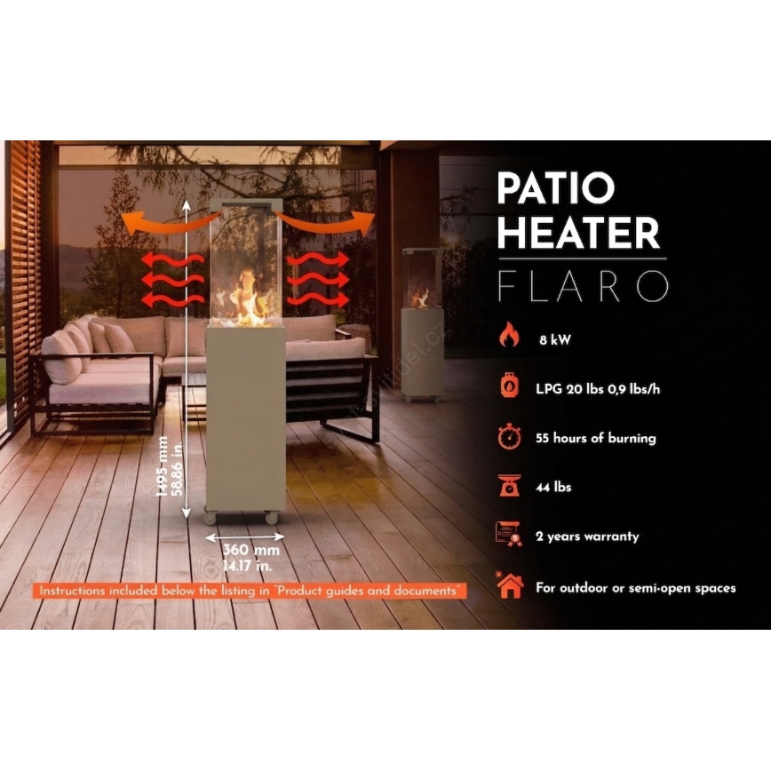 Brilagi - Chimenea de gas para exteriores FLARO GAS 142x36 cm 8 kW 1x AAA beige + funda protectora