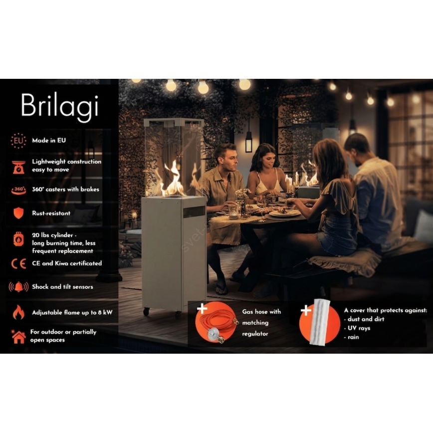 Brilagi - Chimenea de gas para exteriores FLARO GAS 142x36 cm 8 kW 1x AAA beige + funda protectora