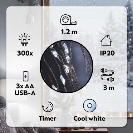 BRILAGI - Cortina de Navidad LED 300xLED/8 funciones/3xAA/USB 1,2m blanco frío