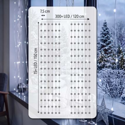 BRILAGI - Cortina de Navidad LED 300xLED/8 funciones/3xAA/USB 1,2m blanco frío