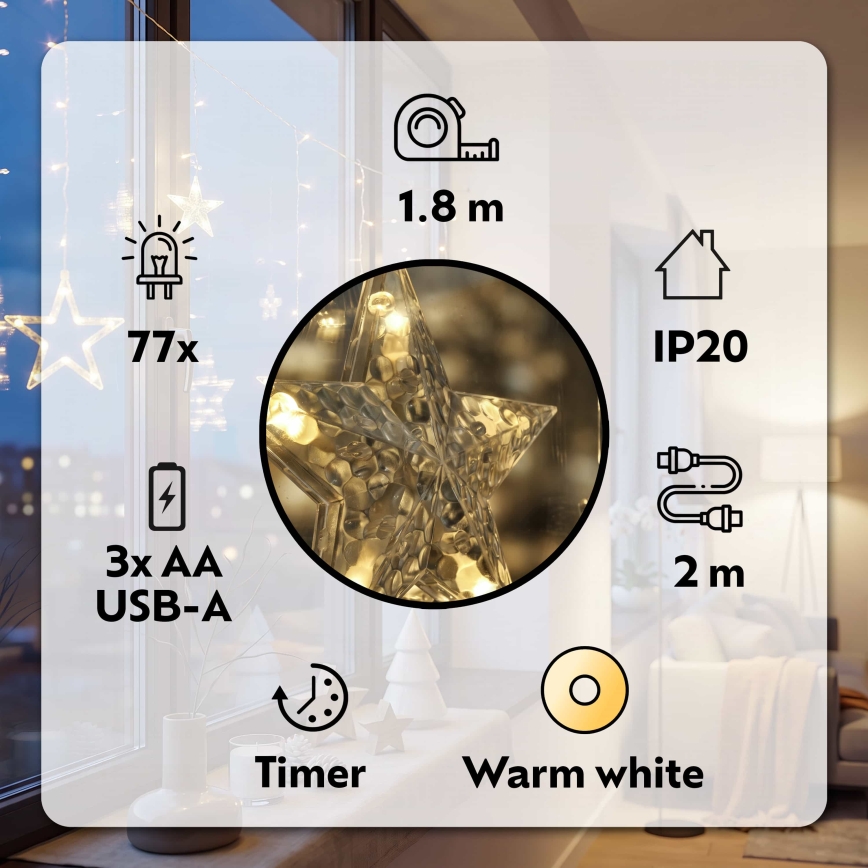 BRILAGI - Cortina de Navidad LED 77xLED/3xAA/USB 1,8m blanco cálido