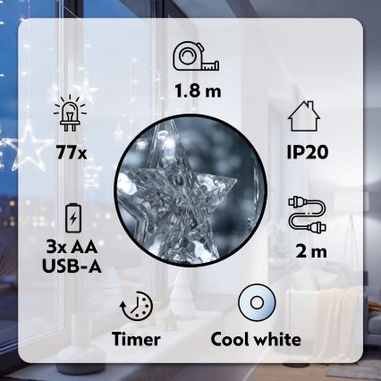 BRILAGI - Cortina de Navidad LED 77xLED/3xAA/USB 1,8m blanco frío