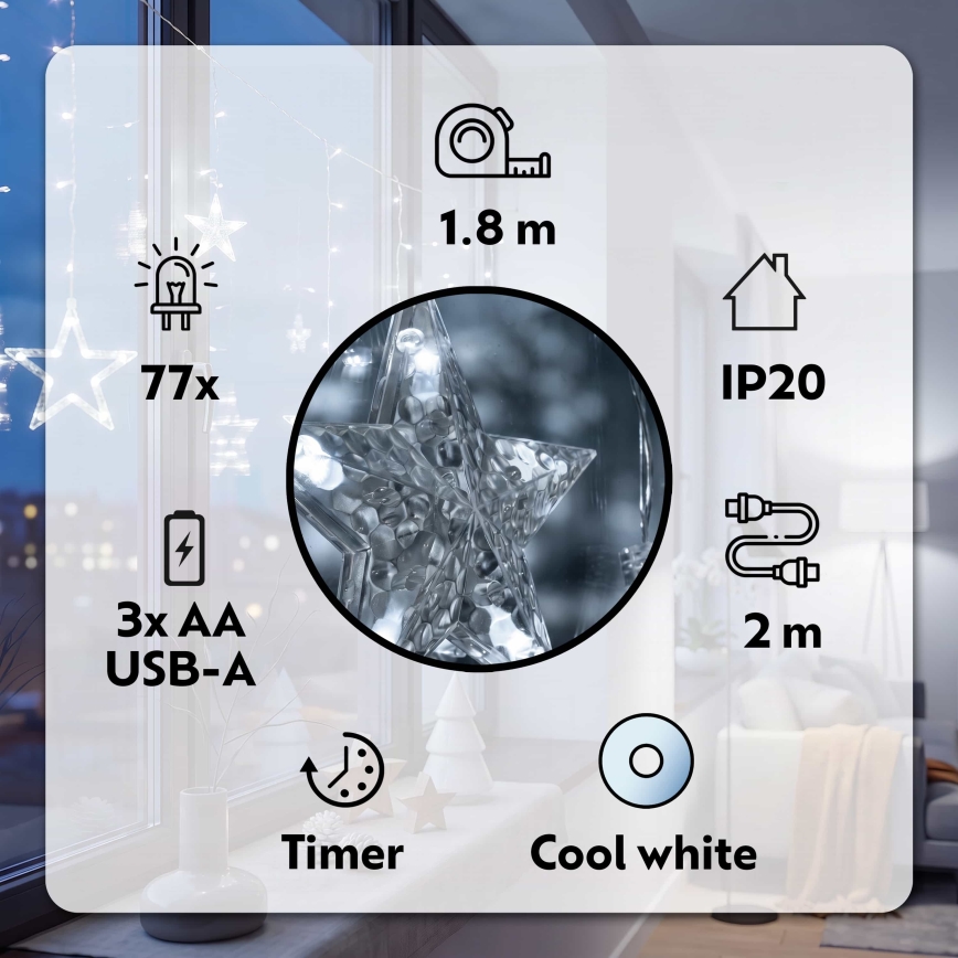 BRILAGI - Cortina de Navidad LED 77xLED/3xAA/USB 1,8m blanco frío