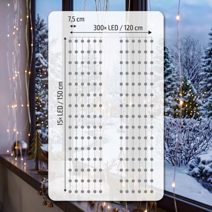 BRILAGI - Cortina LED de Navidad 300 LEDs/8 funciones/3 pilas AA/USB 1,2 m blanco cálido