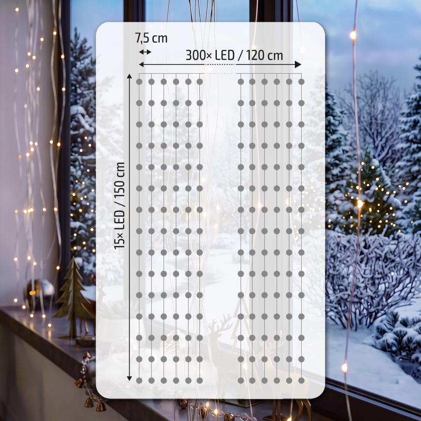BRILAGI - Cortina LED de Navidad 300 LEDs/8 funciones/3 pilas AA/USB 1,2 m blanco cálido