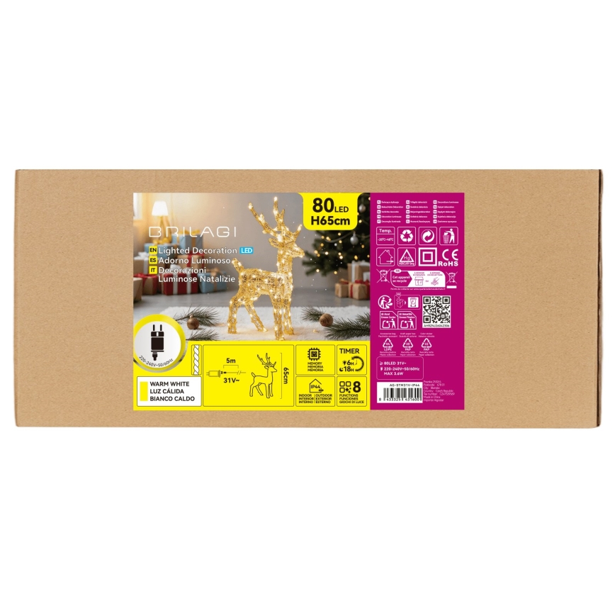 BRILAGI - Decoración navideña LED para exteriores LED/3,6W/8 funciones IP44 65 cm reno blanco cálido