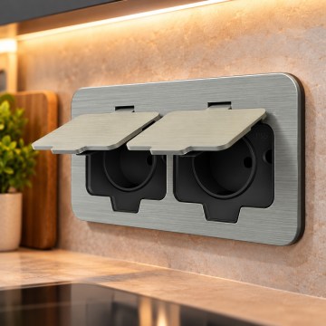 BRILAGI - Doble toma empotrada para cocina INBOX IP55, cromo mate, rectangular