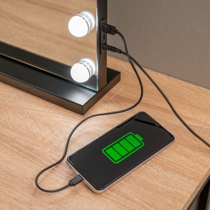 BRILAGI - Espejo de maquillaje LED regulable HOLLYWOOD LED/15W/230V CCT + 2x USB 55x77 cm negro