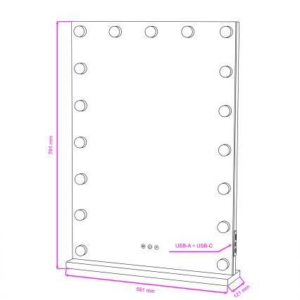 BRILAGI - Espejo de maquillaje LED regulable HOLLYWOOD LED/15W/230V CCT + 2x USB 55x77 cm negro