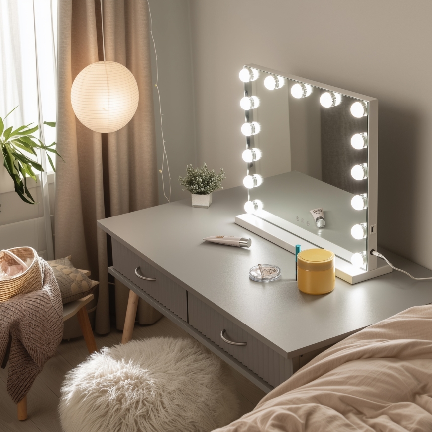 BRILAGI - Espejo de maquillaje LED regulable HOLLYWOOD LED/15W/230V CCT + USB blanco