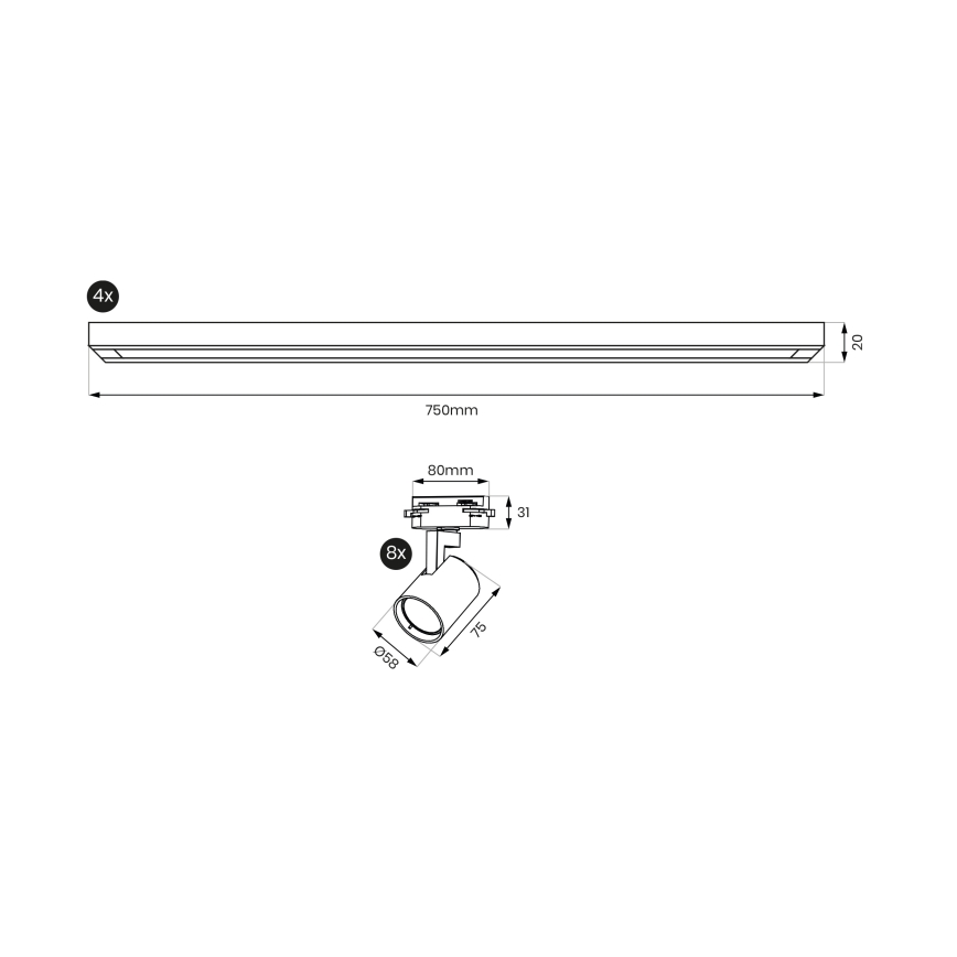 Brilagi - Foco para sistema de riel HUSKY 8xGU10/10W/230V, acabado negro/dorado