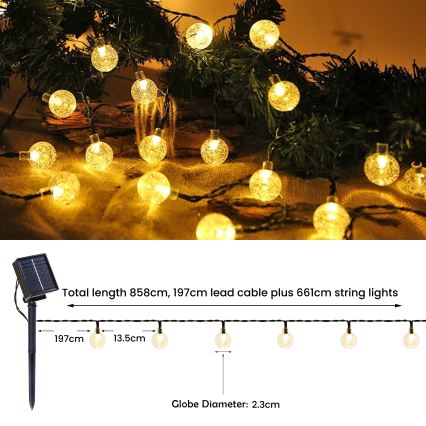 BRILAGI - Guirnalda decorativa solar LED BUBBLE, 200 LEDs / 8 funciones, 20 m, IP65, blanco cálido, 800 mAh