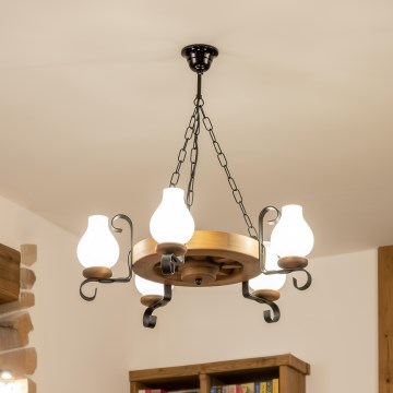 Brilagi - Lámpara colgante con cadena ROATA, 5x E14/40W/230V, Ø 50 cm, en haya