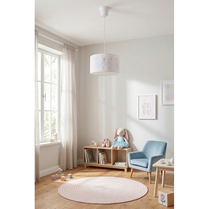 Brilagi - Lámpara colgante infantil LED BOBO 1xE27/60W/230V, diámetro 35 cm, blanca/conejitos