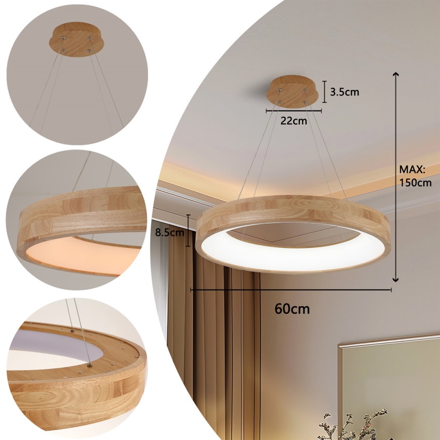 Brilagi - Lámpara colgante LED suspendida por cable FALCON WOOD, 40 W, 230 V, 3000/4000/6000 K, Ø 60 cm, madera