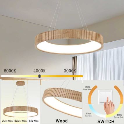 Brilagi - Lámpara colgante LED suspendida por cable FALCON WOOD MODERN LED/40W/230V 3000/4000/6000K, diámetro 60 cm, acabado en madera