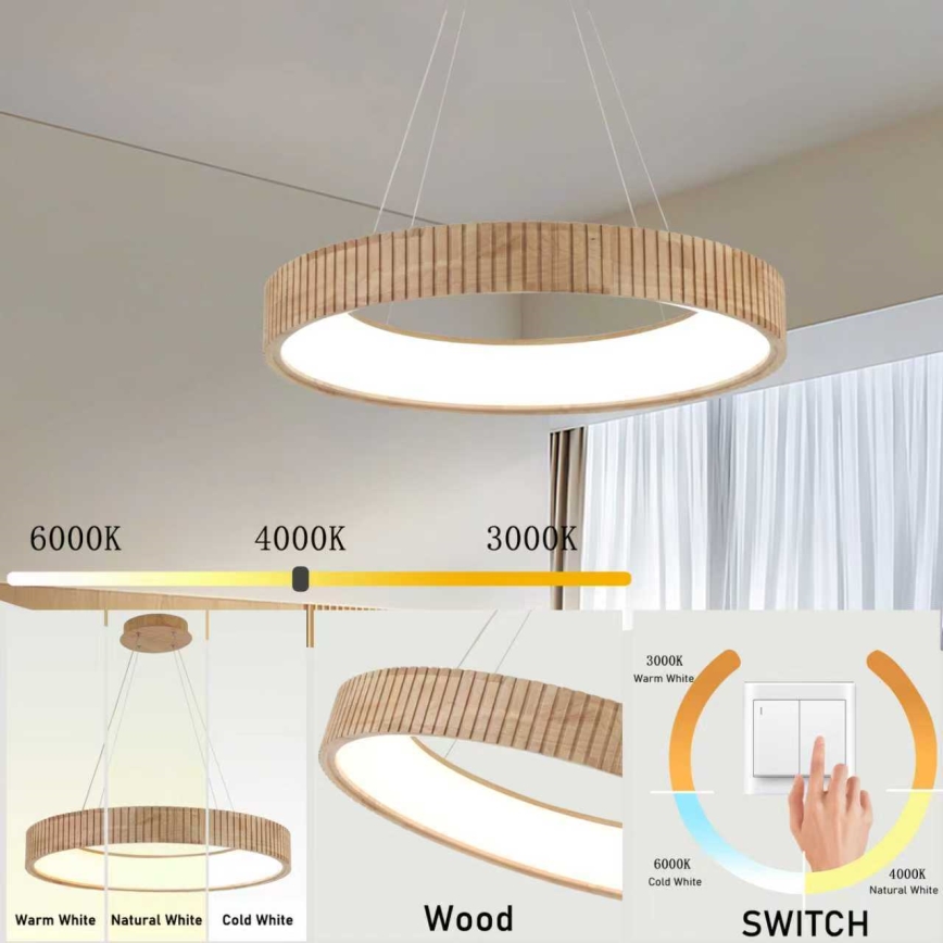 Brilagi - Lámpara colgante LED suspendida por cable FALCON WOOD MODERN LED/40W/230V 3000/4000/6000K, diámetro 60 cm, acabado en madera