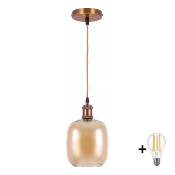 BRILAGI - Lámpara colgante LED con cable RETRO GLASS 1xE27/60W/230V Ø 14 cm dorado/marrón ahumado