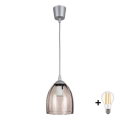 BRILAGI - Lámpara colgante LED con cable RETRO GLASS 1xE27/60W/230V Ø 17 cm plateado/beige ahumado