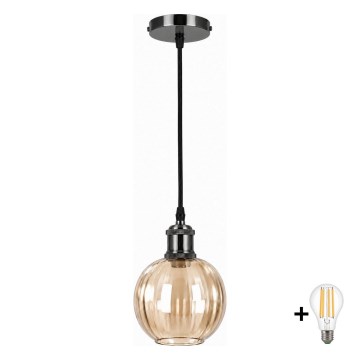 BRILAGI - Lámpara colgante LED con cable RETRO GLASS 1xE27/60W/230V Ø 18 cm negro/marrón ahumado