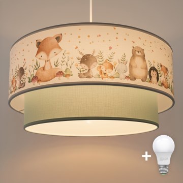 Brilagi - Lámpara colgante LED infantil BOBO 1xE27/60W/230V Ø 40 cm blanca/verde/con motivos de animales