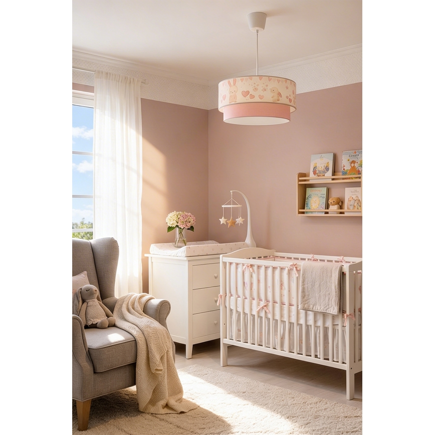 Brilagi - Lámpara colgante infantil LED BOBO 1xE27/60W/230V Ø 40 cm crema/rosa/conejitos