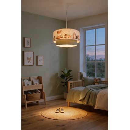 Brilagi- Lámpara colgante LED infantil con cable BOBO 1xE27/60W/230V, diámetro 40 cm, blanco/verde/motivo animal
