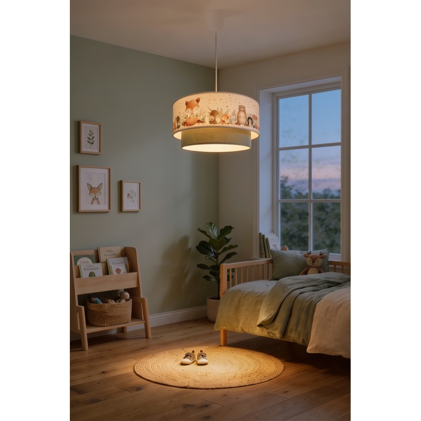 Brilagi- Lámpara colgante LED infantil con cable BOBO 1xE27/60W/230V, diámetro 40 cm, blanco/verde/motivo animal