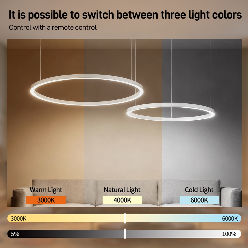 Brilagi - Lámpara colgante LED regulable con cable PORTOFINO LED/98W/230V 3000-6000K blanco + control remoto