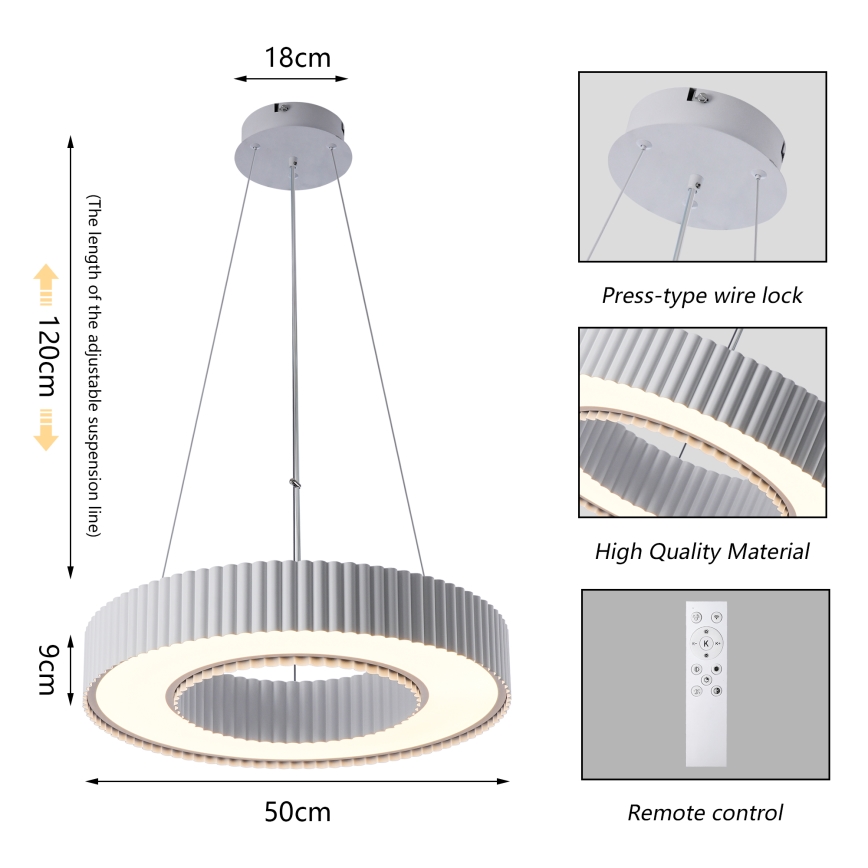 Brilagi - Lámpara colgante LED regulable LUMIX LED/48W/230V 3000-6000K blanca, diámetro 50 cm + mando a distancia