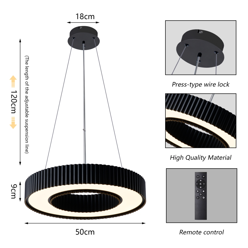 Brilagi - Lámpara colgante LED regulable con cable LUMIX LED/48W/230V 3000-6000K negro Ø 50 cm + mando a distancia