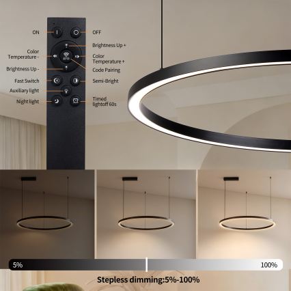 Brilagi - Lámpara colgante LED regulable en cable PORTOFINO LED/60W/230V 3000-6000K Ø 80 cm negra + mando a distancia