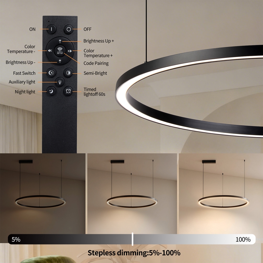 Brilagi - Lámpara colgante LED regulable en cable PORTOFINO LED/60W/230V 3000-6000K Ø 80 cm negra + mando a distancia