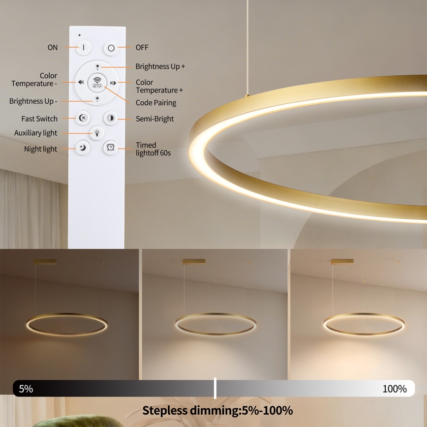 Brilagi - Lámpara colgante regulable con cable PORTOFINO LED/60W/230V 3000-6000K Ø 80 cm dorada + control remoto