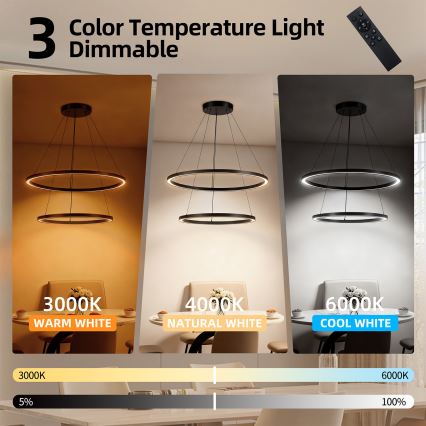 Brilagi - Lámpara colgante LED regulable con cable PORTOFINO LED/98W/230V 3000-6000K diámetro 80 cm negro + mando a distancia
