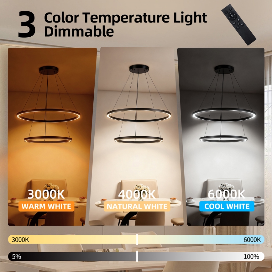 Brilagi - Lámpara colgante LED regulable con cable PORTOFINO LED/98W/230V 3000-6000K diámetro 80 cm negro + mando a distancia