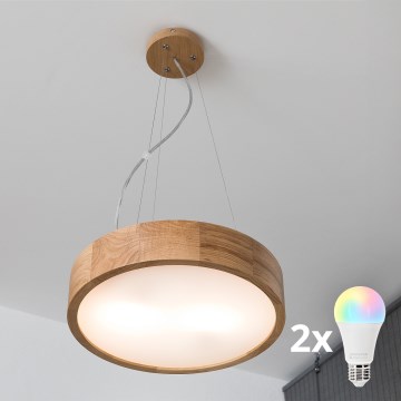 Brilagi - Lámpara colgante regulable LED RGBW con suspensión por cable CARVALHO 2xE27/15W/230V 2700-6500K Wi-Fi roble, Ø 37 cm
